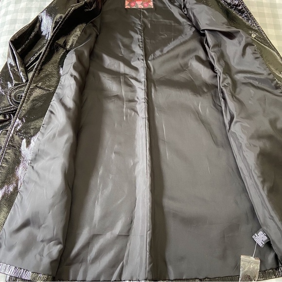 BB DAKOTA black trench coat glossy 60’s 70’s faux patin leather jacket med - Picture 10 of 16
